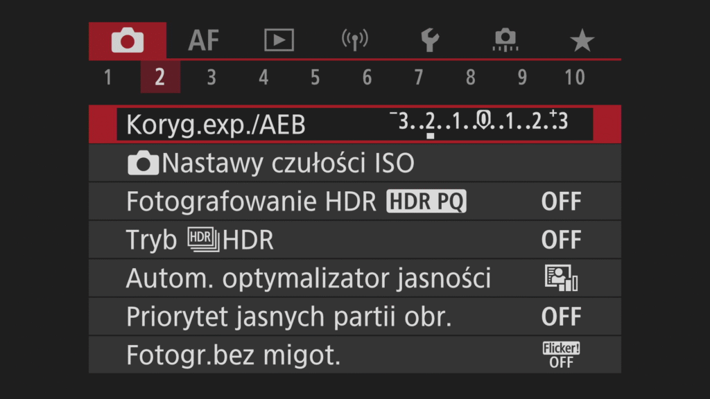 Canon R10 ustawienia ekspozycji