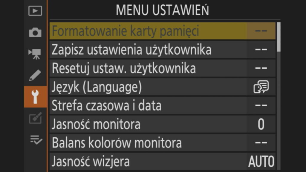 Ustawienia Nikon Z5 menu