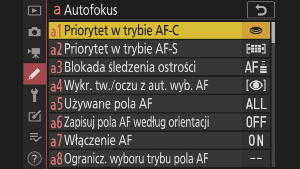 menu autofokusa w Nikonie Z5