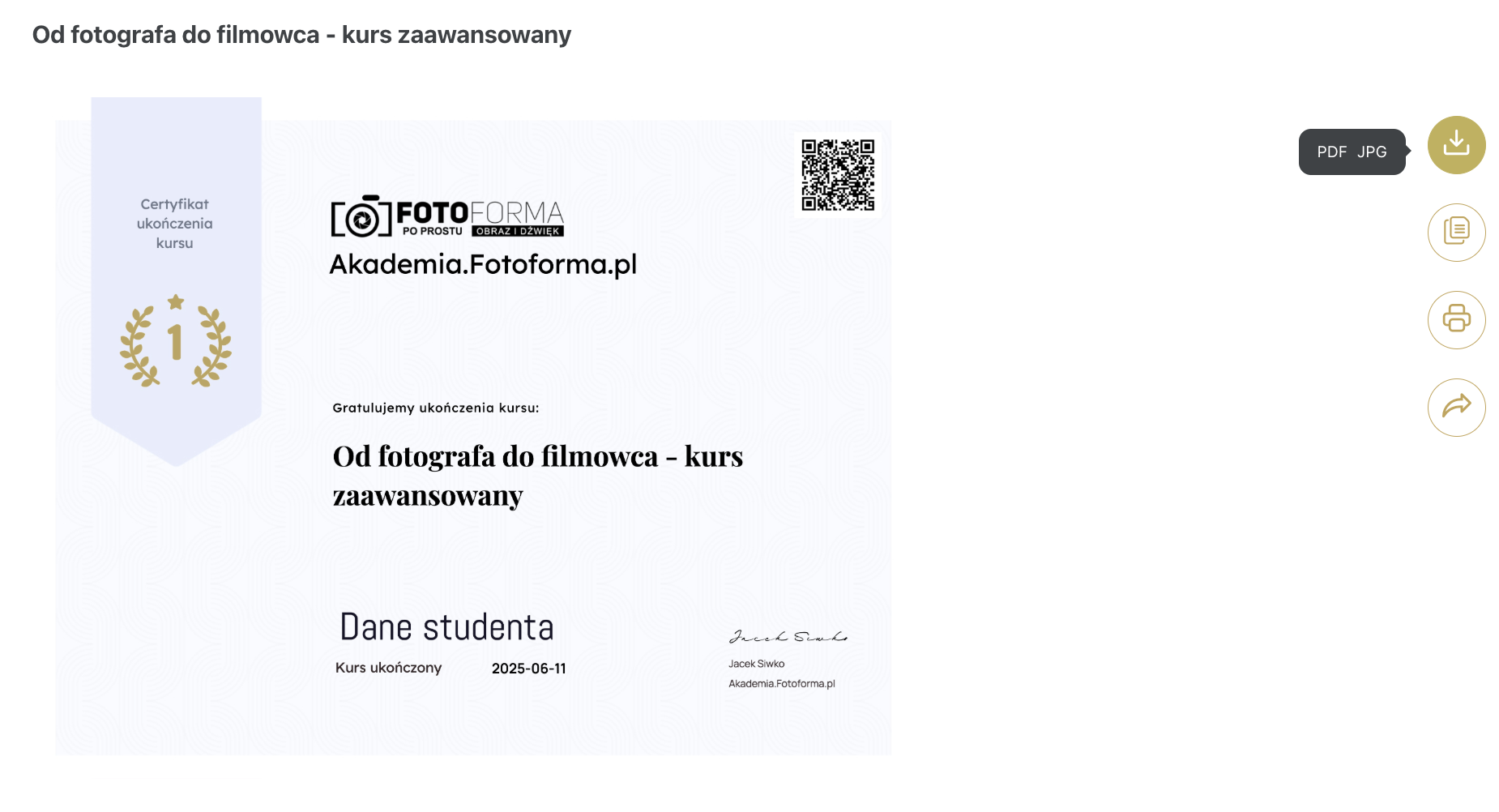 Certyfikat szybki kurs fotografii online z certyfikatem pdf