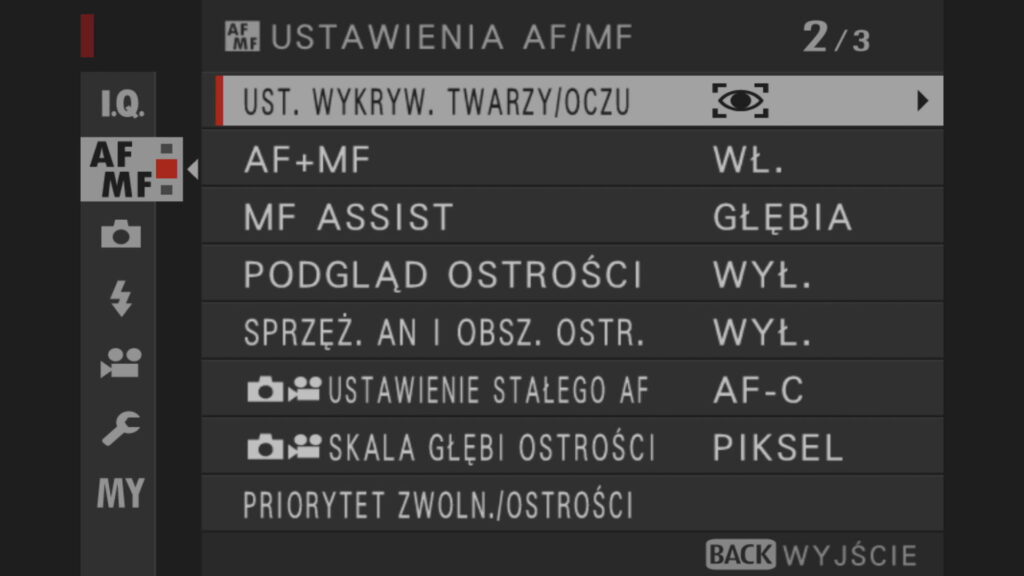 Autofokus w Fujifilm X-T30 II Ustawienia - menu